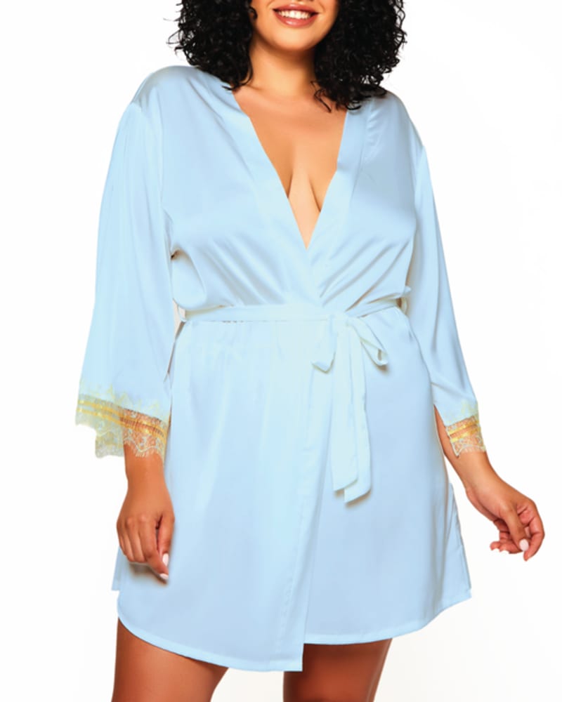 Front of a model wearing a size 1X Maddie Lace Satin Robe in L-BL by iCollection. | dia_product_style_image_id:253950